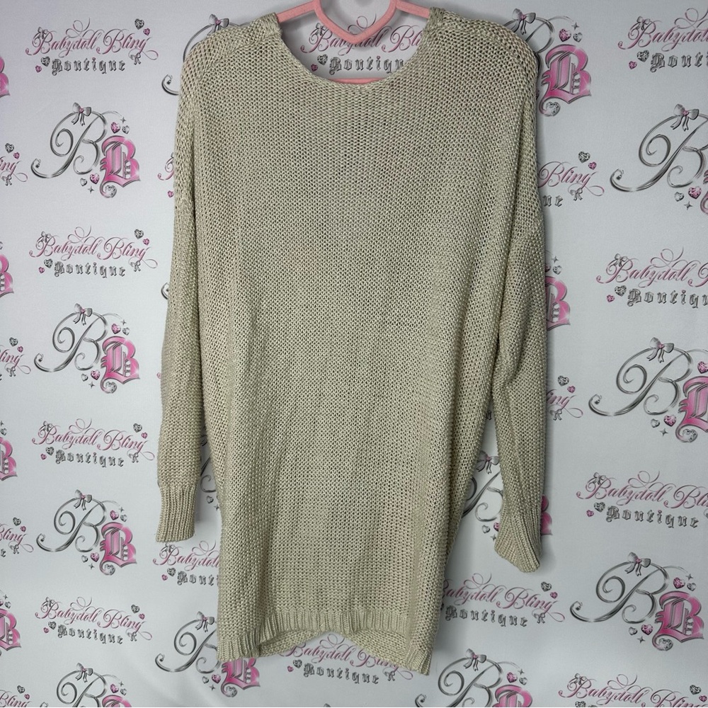 Design lab crochet knitted Cream Knit Sweater white Vneck flowy - Picture 2 of 5